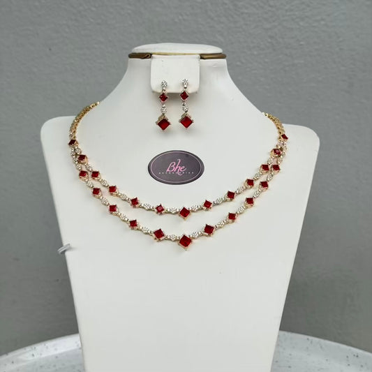 Double Row Red & Gold Luxury 2 Piece Cubic Zirconia Jewelry Set
