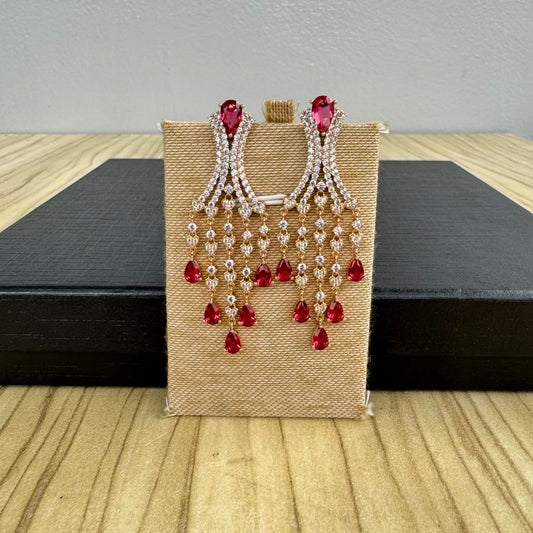 Gold Plated Tassel Earrings - Ruby Red