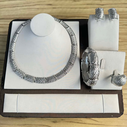 Textured Round Rhinestone 4 Piece Jewelry Set