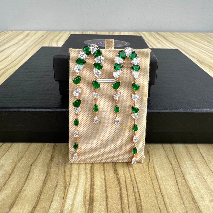 Gold Plated Long Earrings - Emerald Green