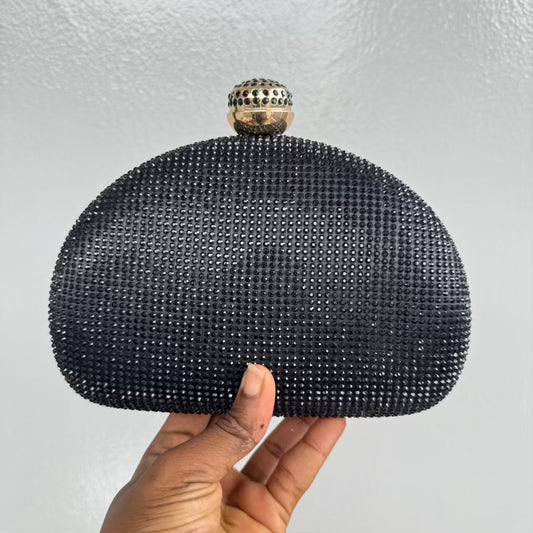 Half Moon Crystal Embellished Clutch Purse - Black
