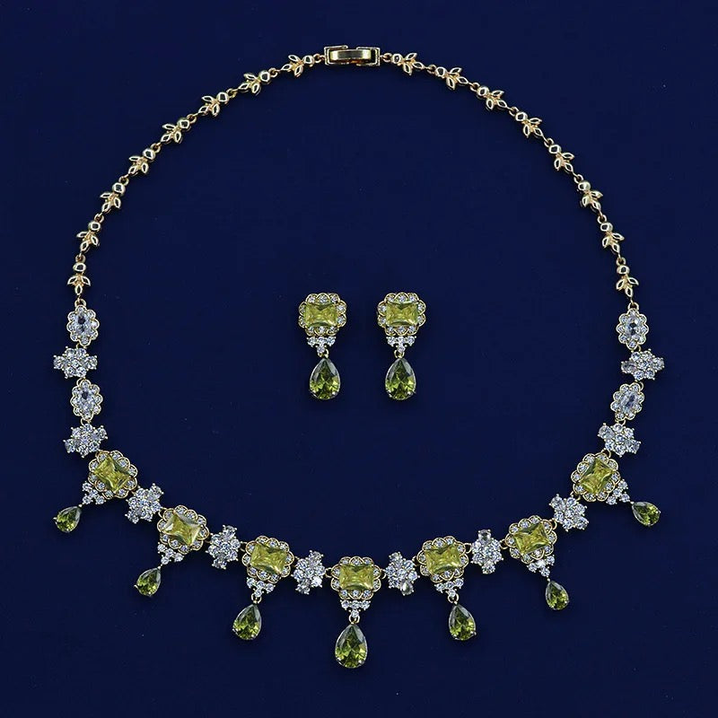 Olive Green Luxury Necklace and Earring Cubic Zirconia Jewelry Set