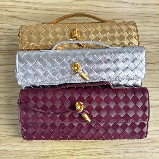 Weave Detail Metallic Long Clutch Purse