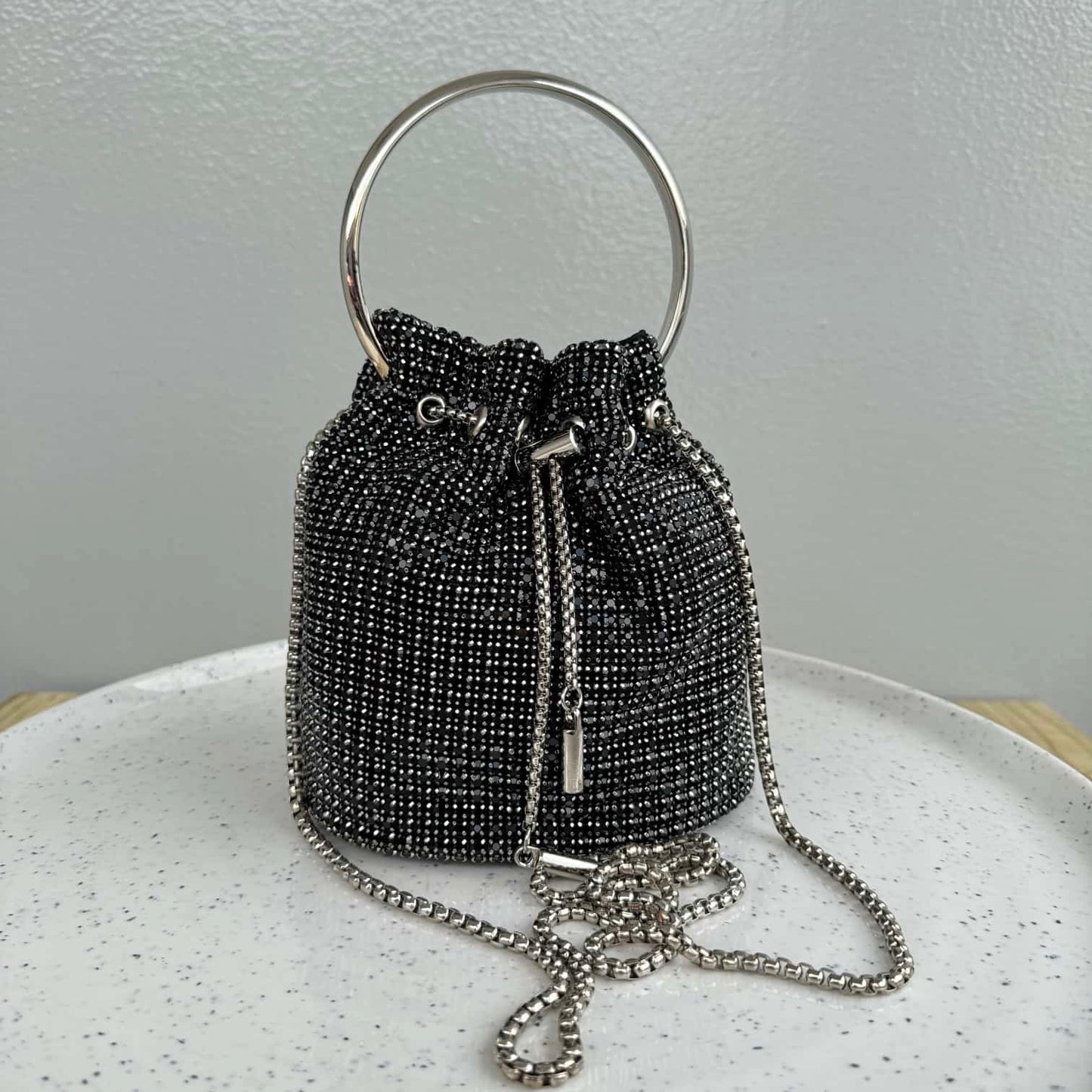 Ring Handle Rhinestone Drawstring Bucket Clutch Bag