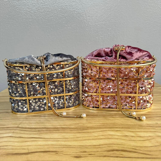 Velvet Sequin Cage Top Handle Clutch