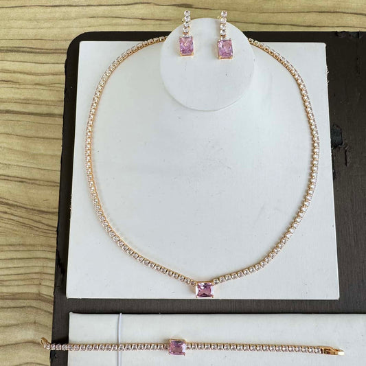 Simple Gold Tone Cubic Zirconia 3 Piece Jewelry Set - Pink