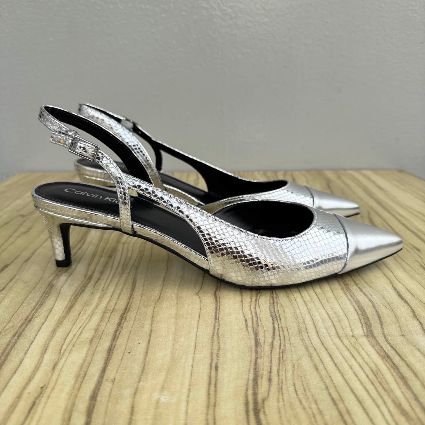 Calvin Klein Metallic Pointed Toe Slingback Kitten Heels - Size 41