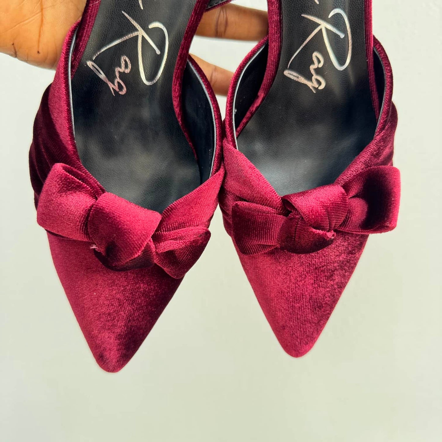 Velvet Bow Detail Pointed Toe Slingback Kitten Heels - Size 38, 39, 40