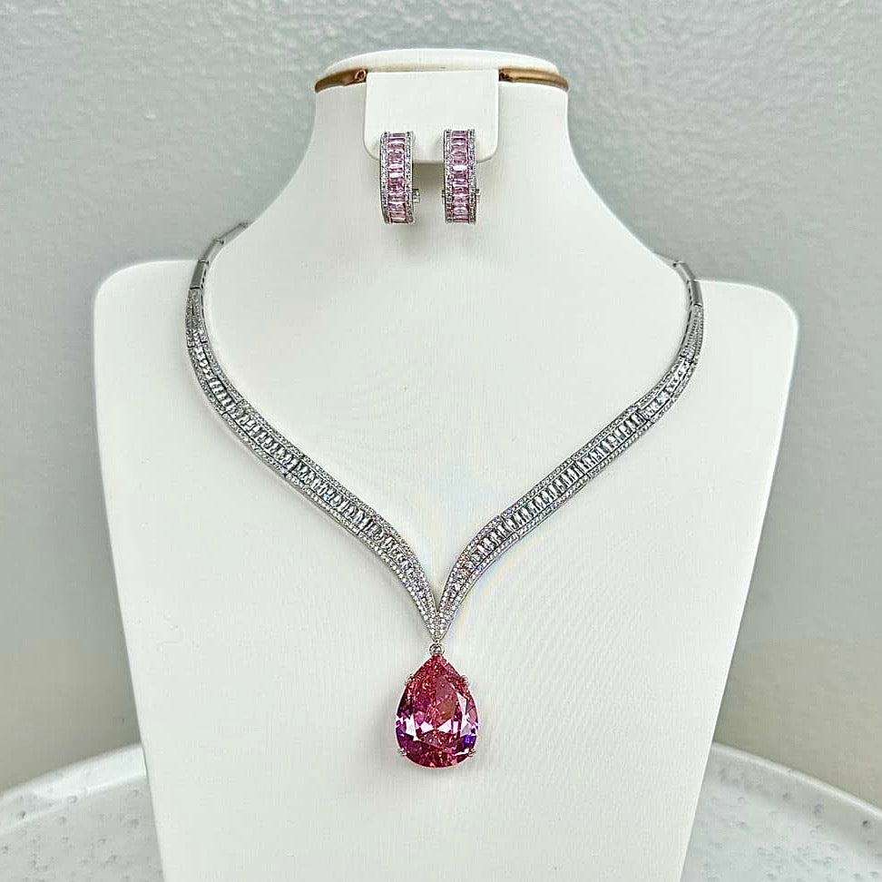Drop Pendant Cubic Zirconia Necklace and Earring Set - Pink