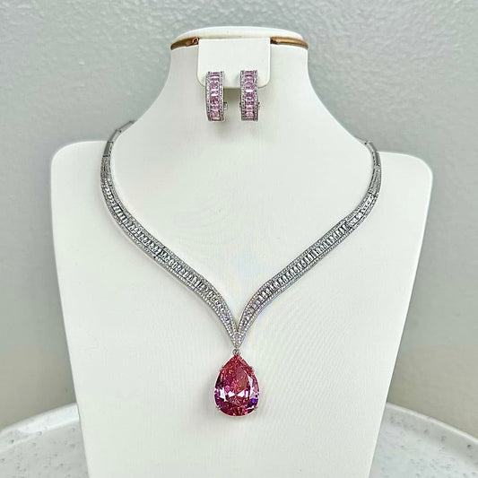 Drop Pendant Cubic Zirconia Necklace and Earring Set - Pink