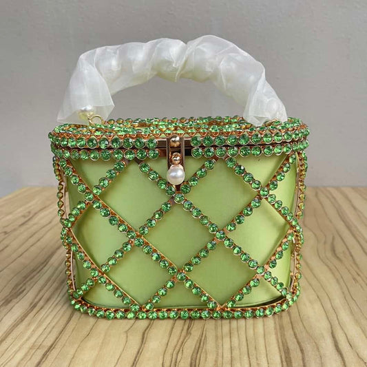 Lattice Rhinestone Cage Clutch with Pearl Handle - Lime Green