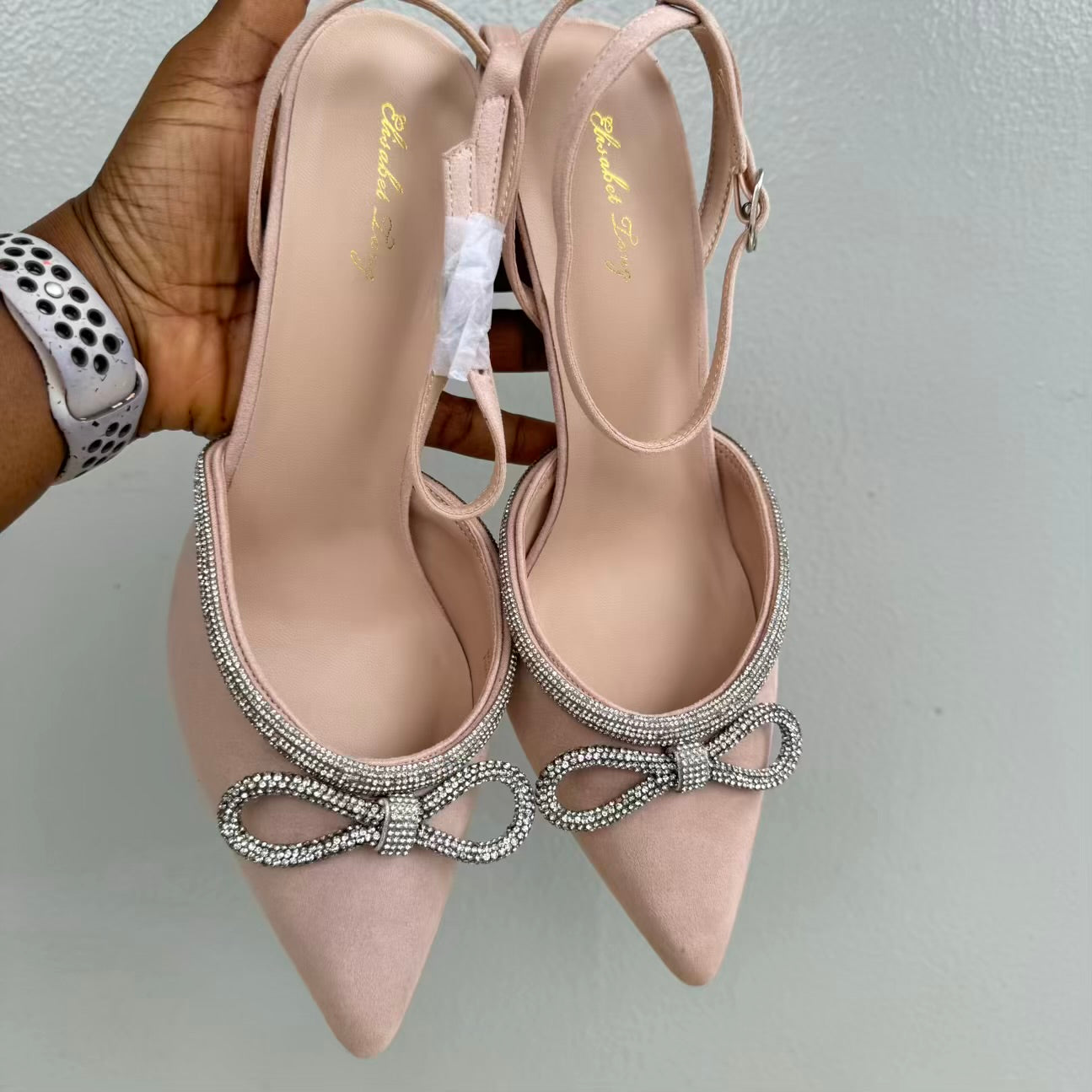 Bow Detail Ankle Strap Suede Pointed Toe Heeled Shoe