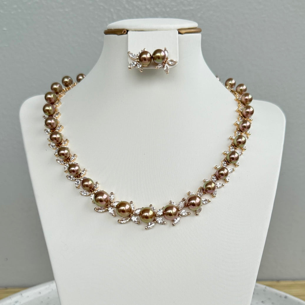 Pearl Round Cubic Zirconia Necklace and Earrings Jewelry Set