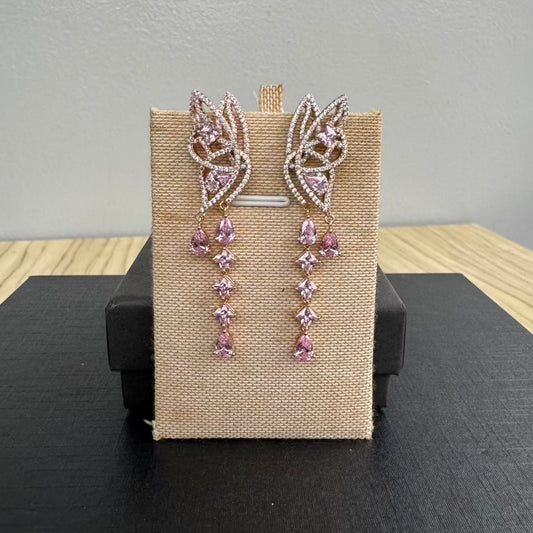Gold Plated Butterfly Long Earrings - Pink