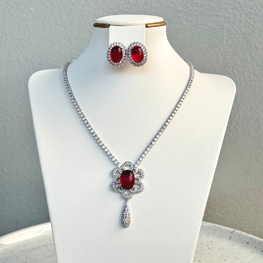 Drop Large Pendant Opal Cubic Zirconia Necklace and Earring Set - Red