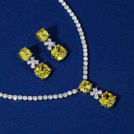 Simple X Drop Pendant Cubic Zirconia Necklace and Earring Set - Yellow
