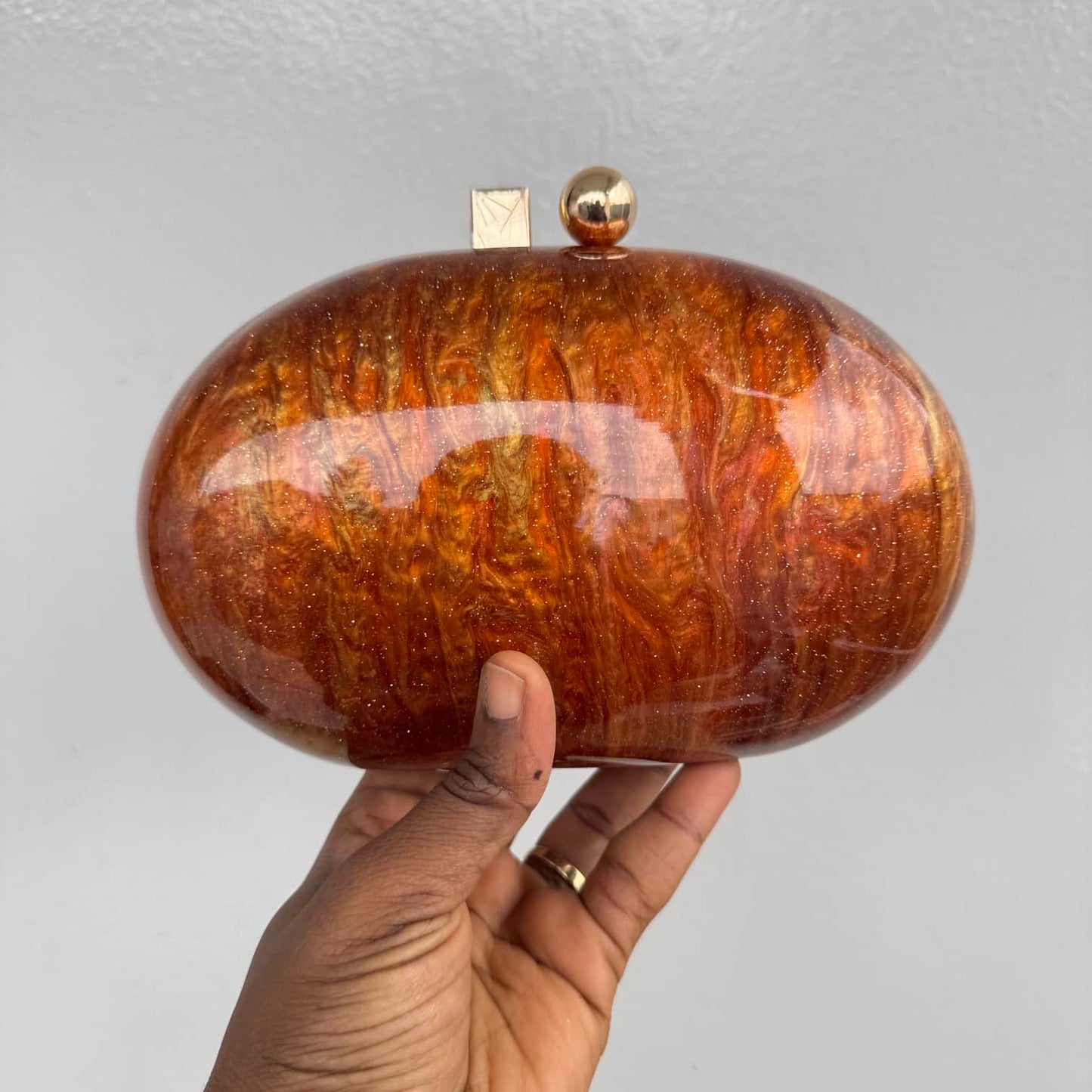 Oval Acrylic Clutch Purse - Black, Purple Marble