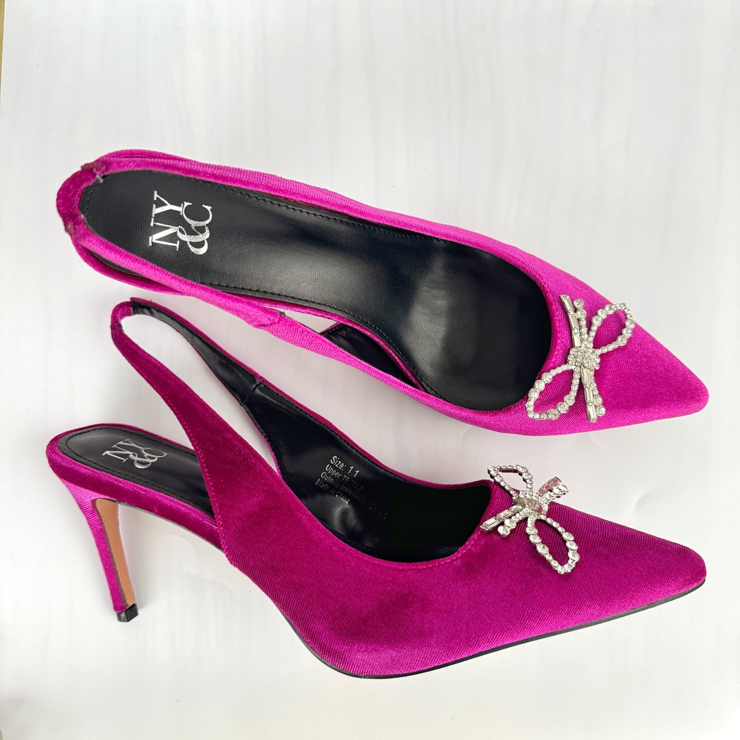 Pointed Toe Velvet Slingback with Crystal Bow - Magenta