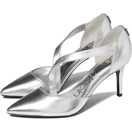 Calvin Klein Gilisa Pointed Toe Cross Strap Heeled Pumps - Silver