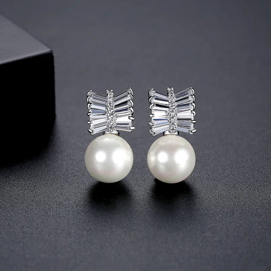 Chic Bow Pearl Cubic Zirconia Stud Bridal Earrings
