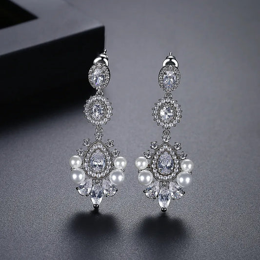 Vintage Drop Cubic Zirconia Pearl Bridal Earrings
