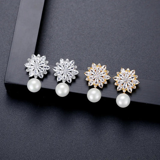 Floral Cubic Zirconia Pearl Stud Earring