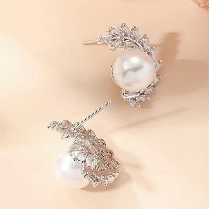 Cubic Zirconia Stud Pearl Earrings