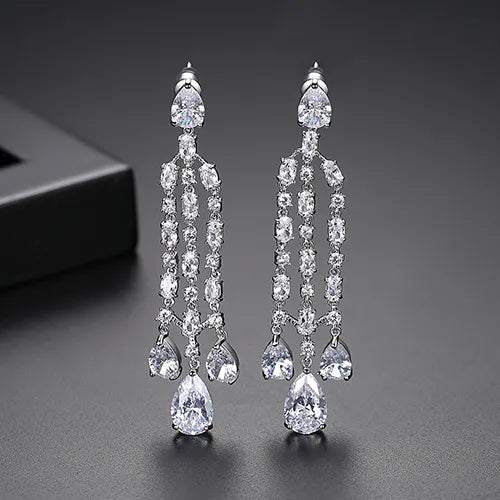 Long Chandelier Cubic Zirconia Bridal Earrings