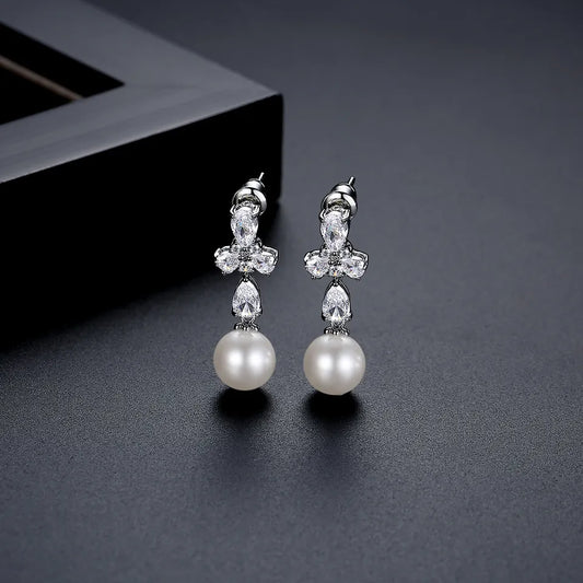 Small Drop Cubic Zirconia Pearl Bridal Earrings