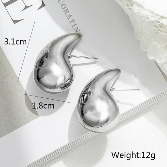 Teardrop Big Stainless Steel  Stud Earrings - Silver