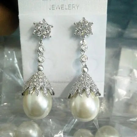 Long Pearl Cubic Zirconia Earrings