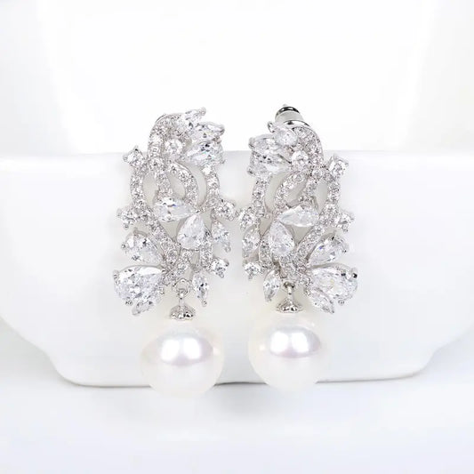 Small Bridal Cubic Zirconia Drop Pearl Earring