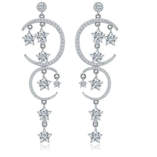 Moon Star Long Cubic Zirconia Bridal Earrings