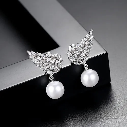 Angel Wing Pearl Cubic Zirconia Stud Earring