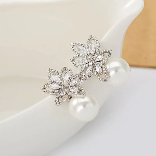 Floral Detail Cubic Zirconia Stud Pearl Earrings
