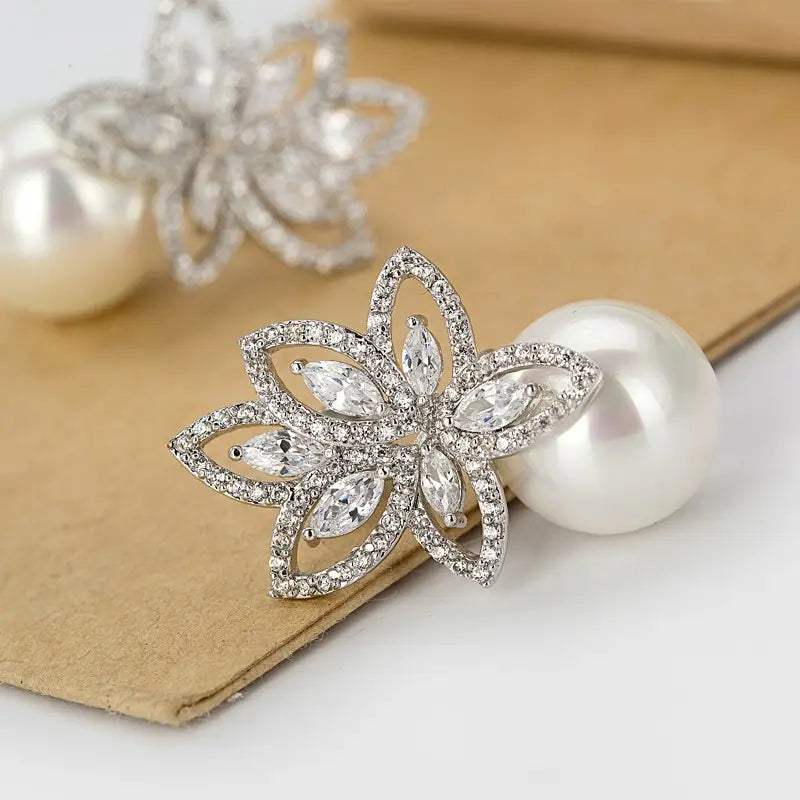 Floral Detail Pearl Cubic Zirconia Earring