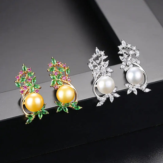 Floral Pearl Cubic Zirconia Pearl Earrings