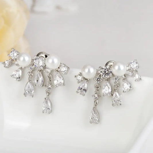 Statement Cubic Zirconia Pearl Stud Bridal Earrings
