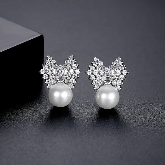 Pearl Bow Cubic Zirconia Stud Bridal Earrings