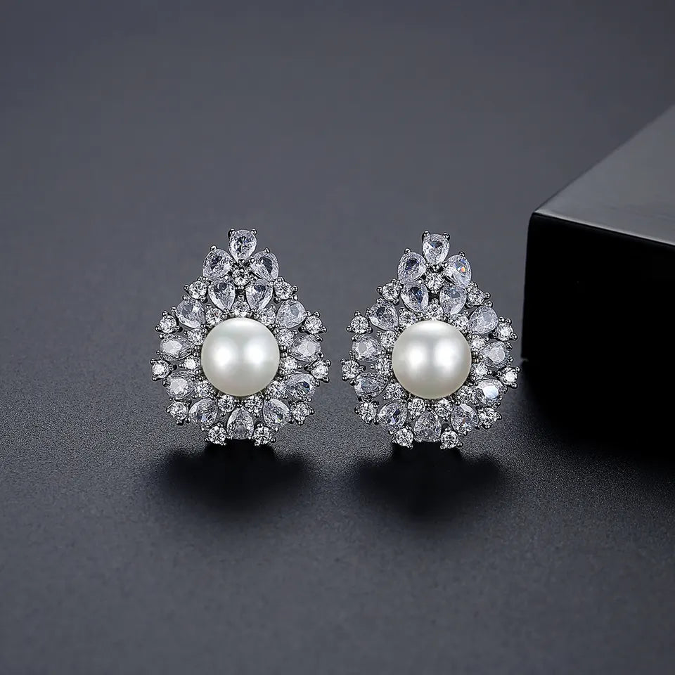 Pearl Teardrop Cubic Zirconia Stud Earring