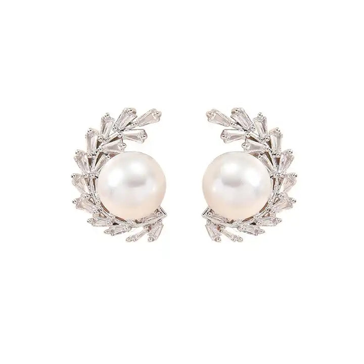 Cubic Zirconia Stud Pearl Earrings