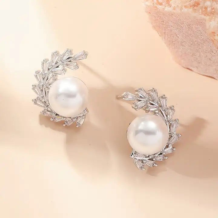Cubic Zirconia Stud Pearl Earrings