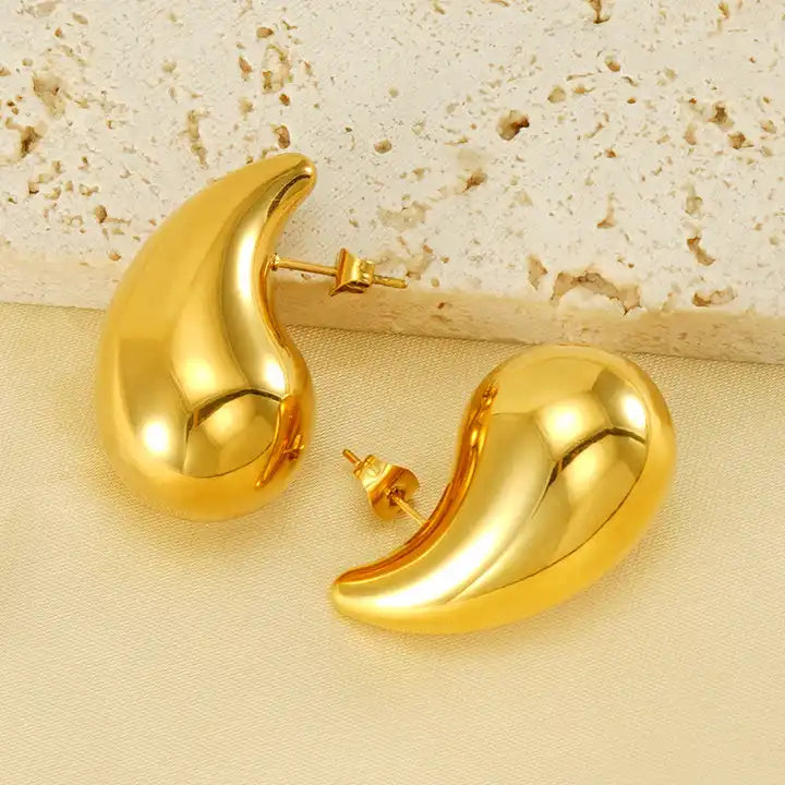 Teardrop Big Stainless Steel  Stud Earrings - Gold