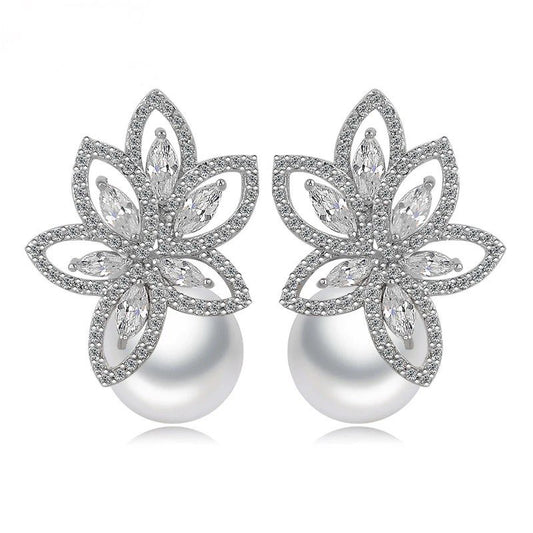 Floral Detail Pearl Cubic Zirconia Stud Earring