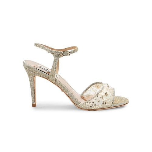Badgley Mischka Terran Embellished Glitter Heeled Sandals - Platinum Textile