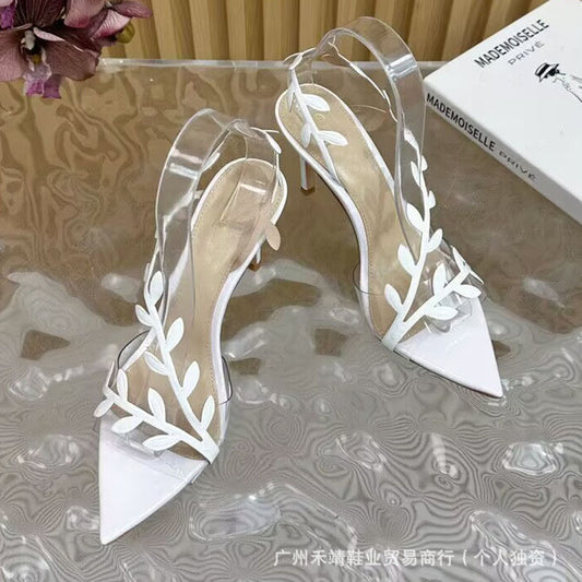 Leaves Detail Pointed Toe Ankle Strap Heeled Sandals
