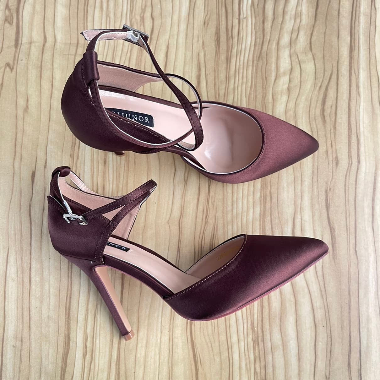 Cross Strap Pointed Toe Satin Shoes - Chocolate Brown