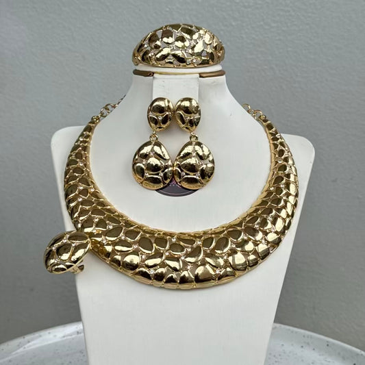Italian Design Round Patterned Plated Jewelry Set - Gold