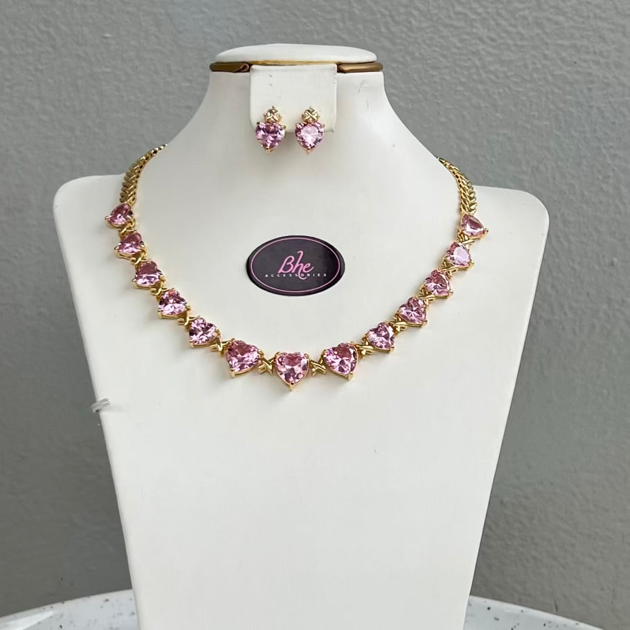 Simple Gold Tone Round Heart Cubic Zirconia Jewelry Set