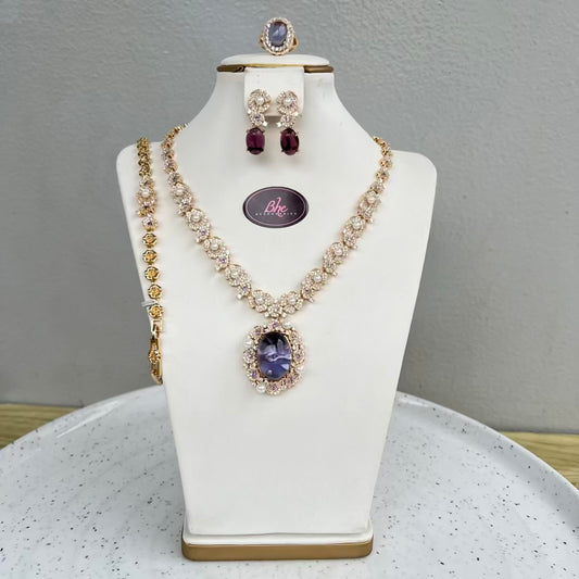 Luxury Big Drop Pendant Complete Cubic Zirconia Jewelry Set - Purple